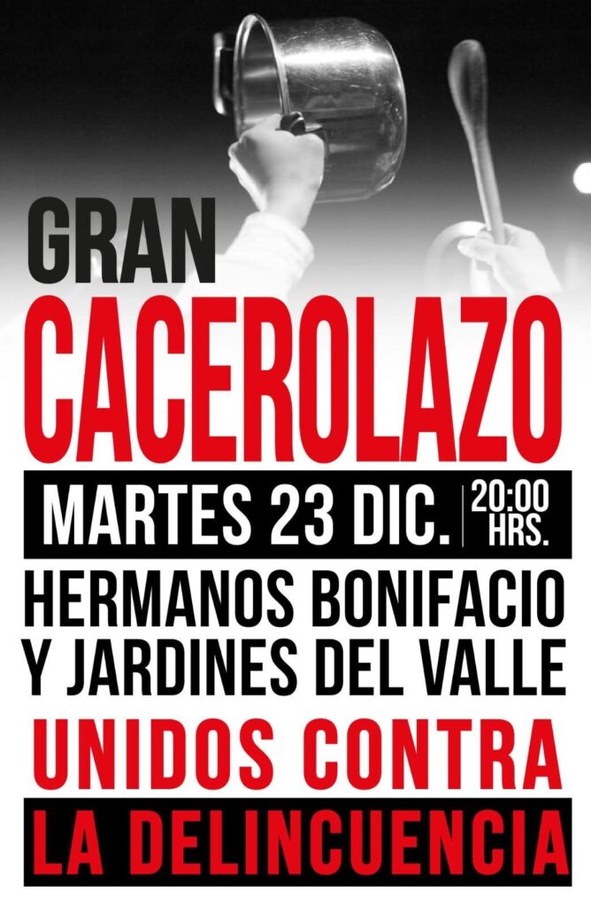 Vecinos de Quillota convocan a un cacerolazo este martes 23 de diciembre a las 20:00 horas en los sectores Hermanos Bonifacio y Jardines del Valle, como manifestación contra la delincuencia.