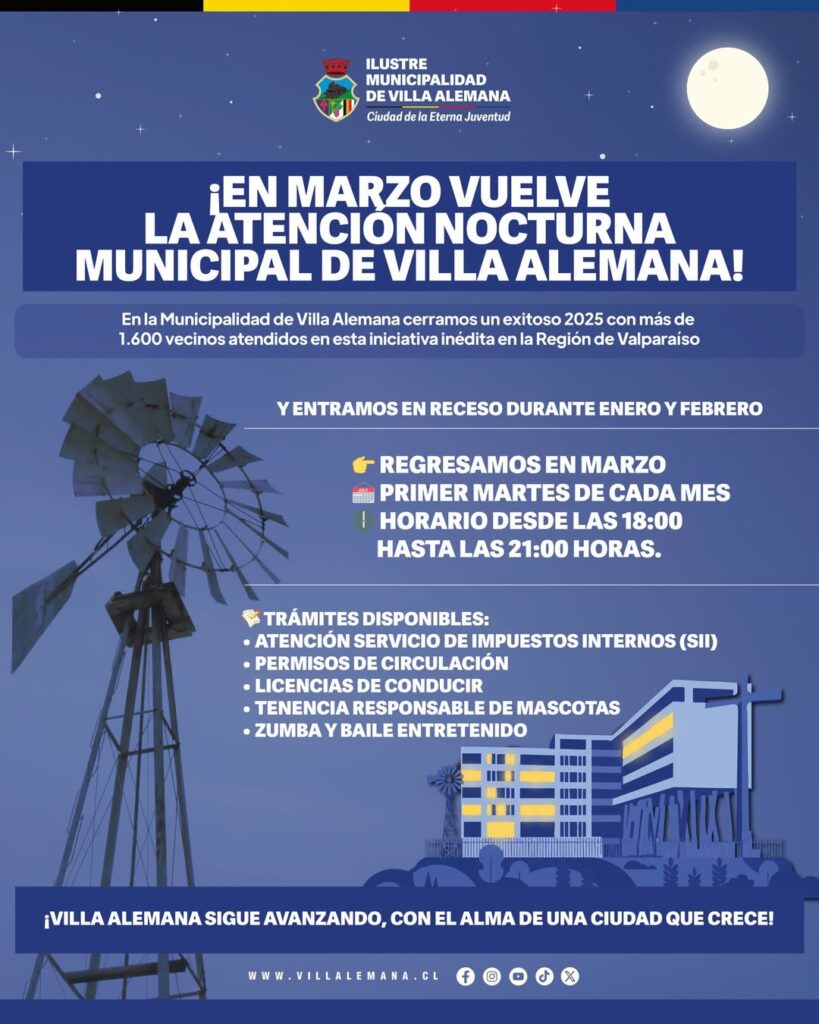 Villa Alemana anuncia el regreso de su Atención Nocturna Municipal en marzo, iniciativa que permitió atender a más de 1.600 personas durante 2025.