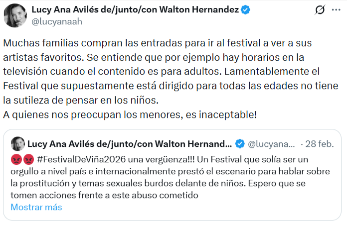 Lucy Ana Avilés criticó al Festival de Viña del Mar por la difusión de contenidos sexuales y pidió medidas para proteger a los menores que asisten al evento.