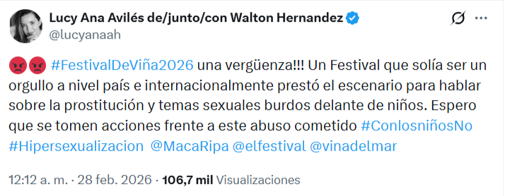 Lucy Ana Avilés criticó al Festival de Viña del Mar por la difusión de contenidos sexuales y pidió medidas para proteger a los menores que asisten al evento.