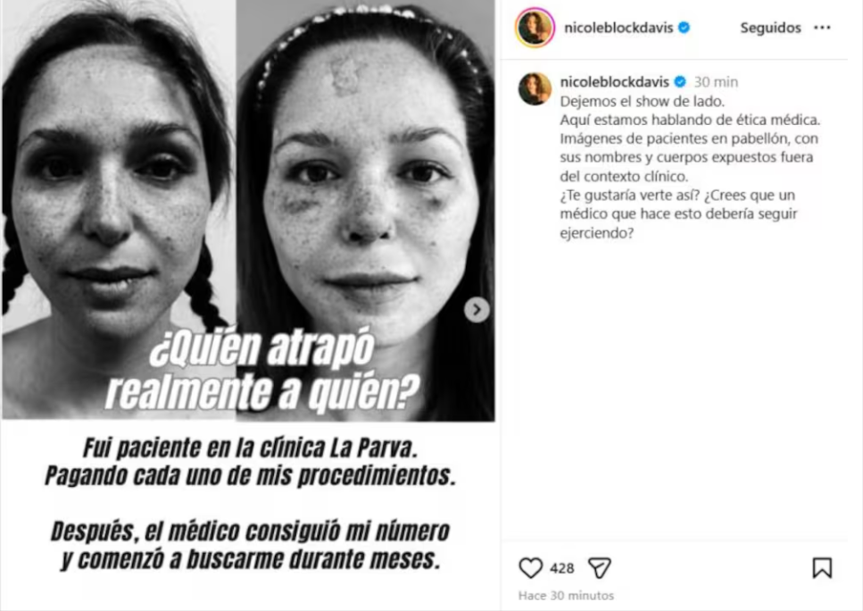 Nicole Block publicó supuestas pruebas contra el cirujano Pedro Vidal tras su denuncia. Mientras tanto, nuevas versiones aseguran que ambos habrían mantenido una relación de pareja por más de un año.
