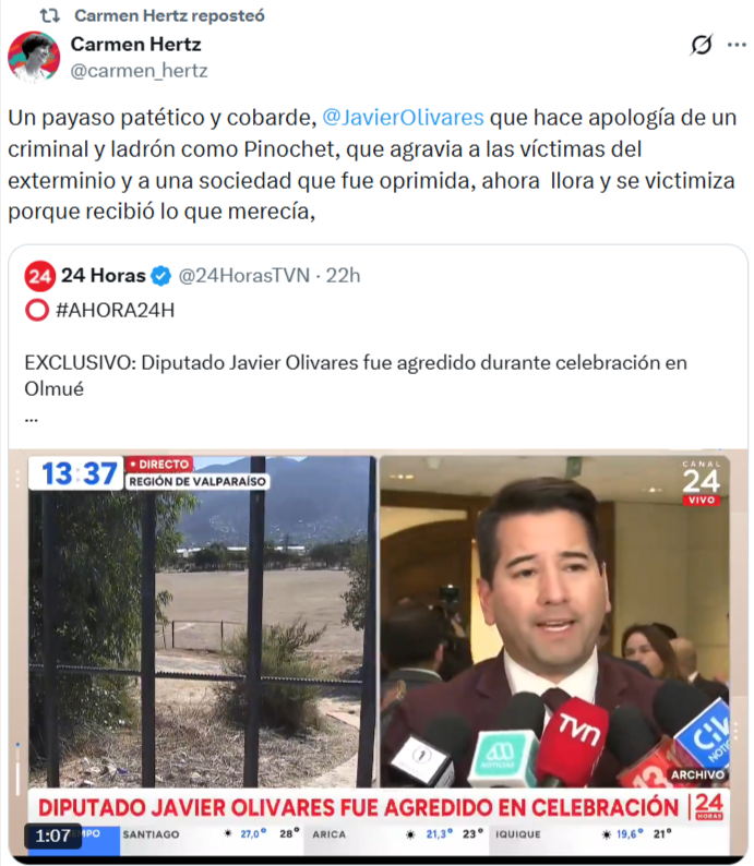 Carmen Hertz generó polémica tras justificar la agresión contra el diputado Javier Olivares, asegurando que “recibió lo que merecía”.