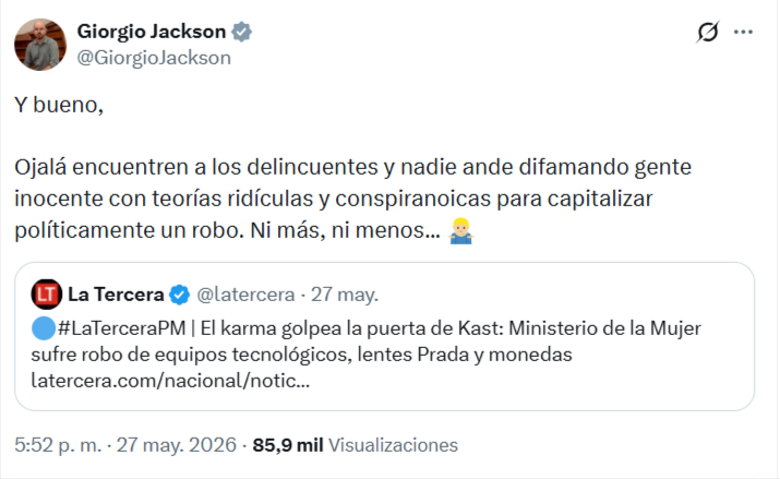 Giorgio Jackson amenazó con demandar a Johannes Kaiser tras acusaciones relacionadas al robo ocurrido en el Ministerio de Desarrollo Social.