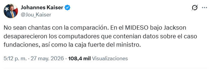 Giorgio Jackson amenazó con demandar a Johannes Kaiser tras acusaciones relacionadas al robo ocurrido en el Ministerio de Desarrollo Social.